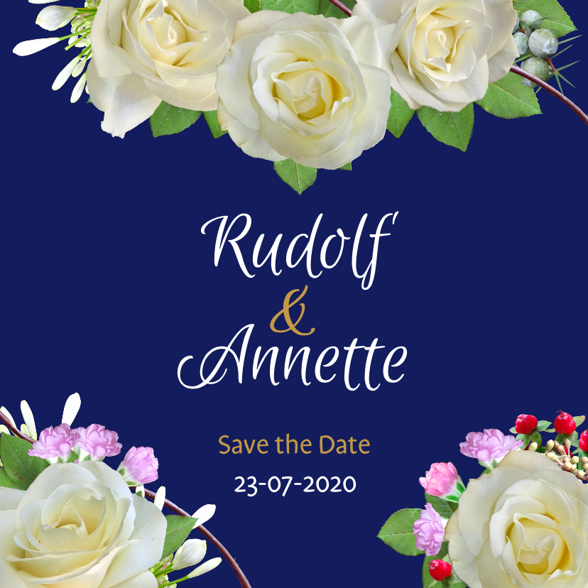 Mooie trouwkaart met witte rozen op aanpasbaar blauw - Trouwkaarten Trouwkaarten - Mooie trouwkaart met witte rozen op aanpasbaar blauw