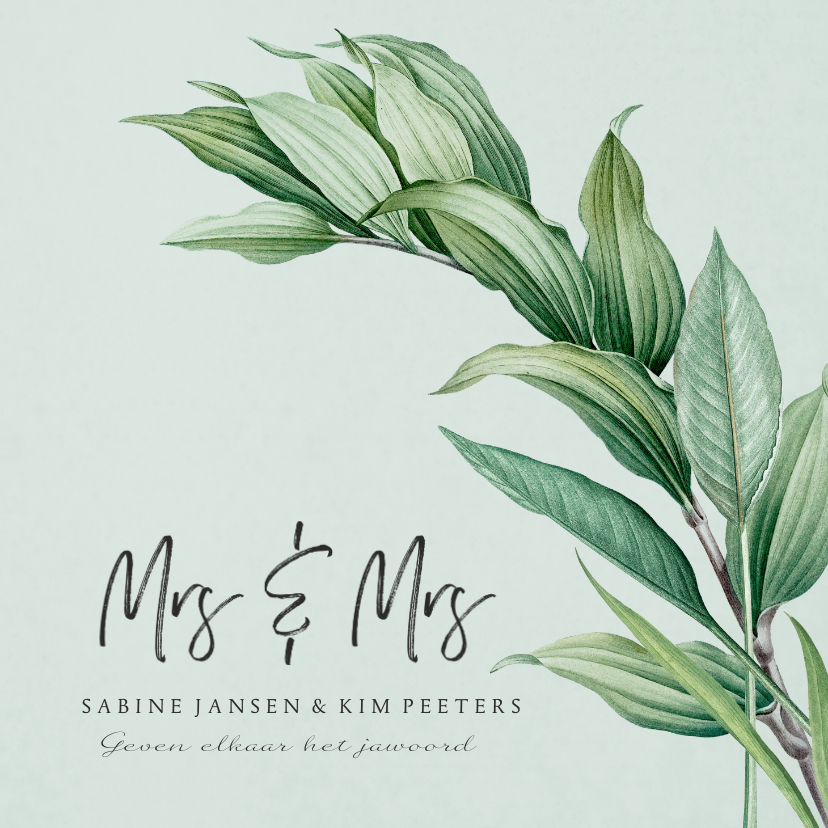 Trouwkaarten - Mrs and Mrs trouwkaart botanisch groen bladeren stijlvol