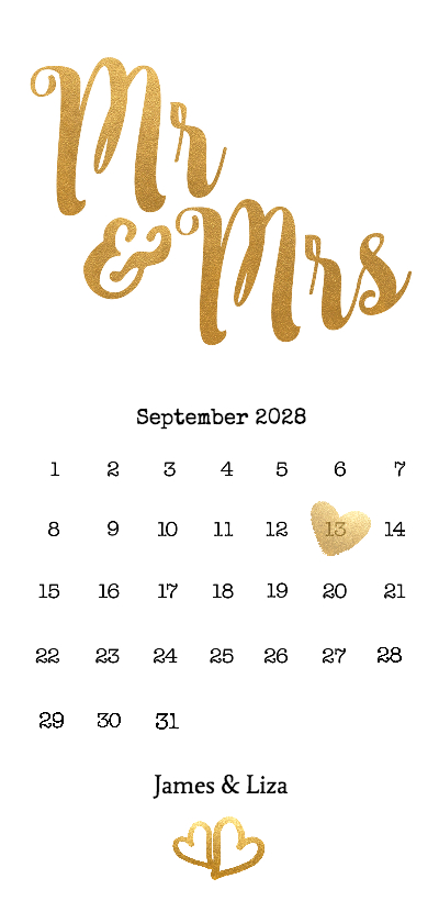 Mrs & Mrs goud kalender langwerpig - BK - Trouwkaarten Trouwkaarten - Mrs & Mrs goud kalender langwerpig - BK