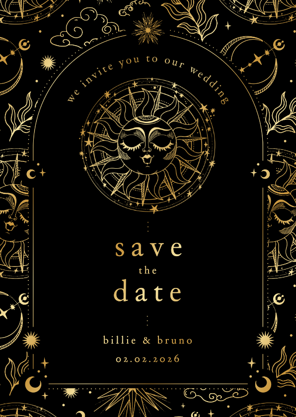 Trouwkaarten - Originele save the date kaart astrologie zon met goudfolie