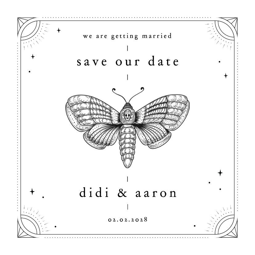 Originele save the date kaart in tattoo stijl motvlinder - Trouwkaarten Trouwkaarten - Originele save the date kaart in tattoo stijl motvlinder