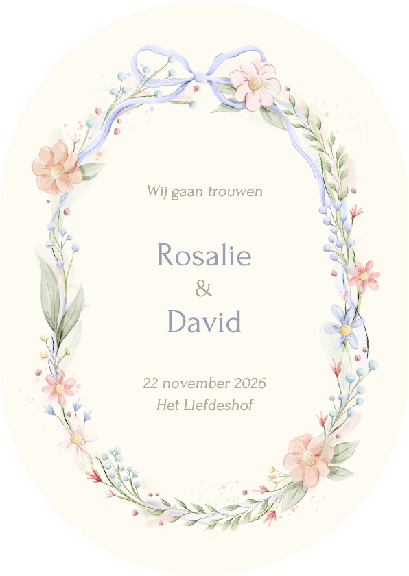 Romantische ovale trouwkaart strik met aquarel bloemen - Trouwkaarten Trouwkaarten - Romantische ovale trouwkaart strik met aquarel bloemen