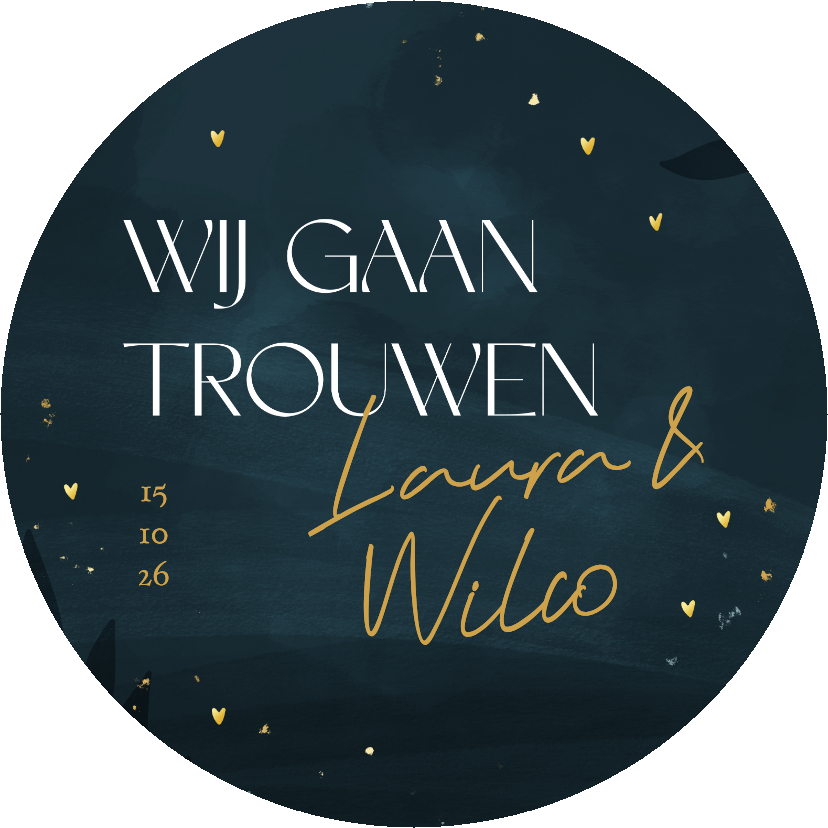 Trouwkaarten - Ronde donkerblauwe trouwkaart met gouden hartjes