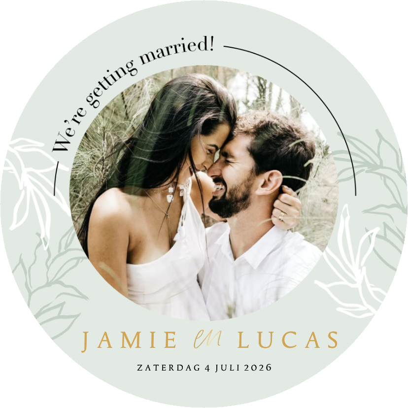 Trouwkaarten - Ronde moderne trouwkaart botanische bladeren