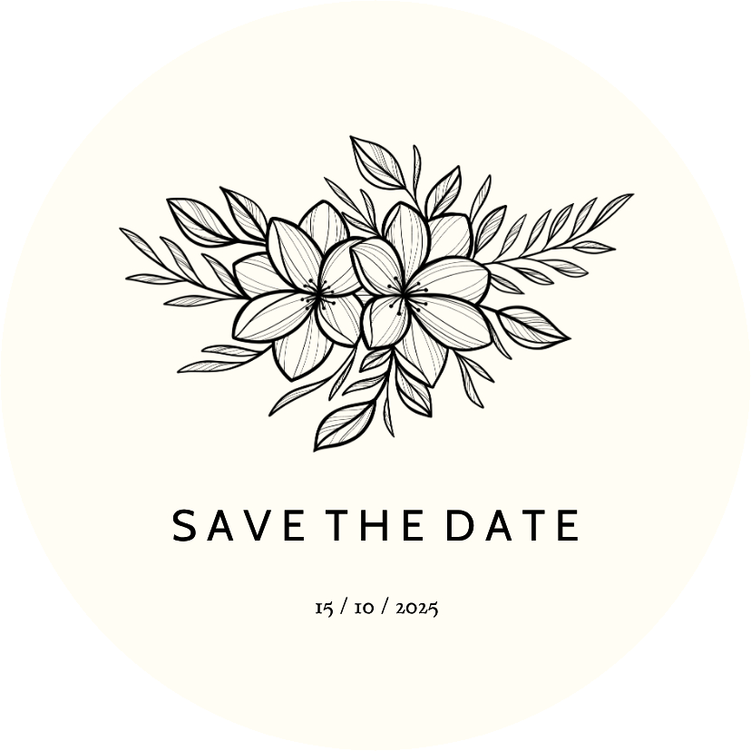 Trouwkaarten - Ronde save the date zwarte lijntekening van bloemen