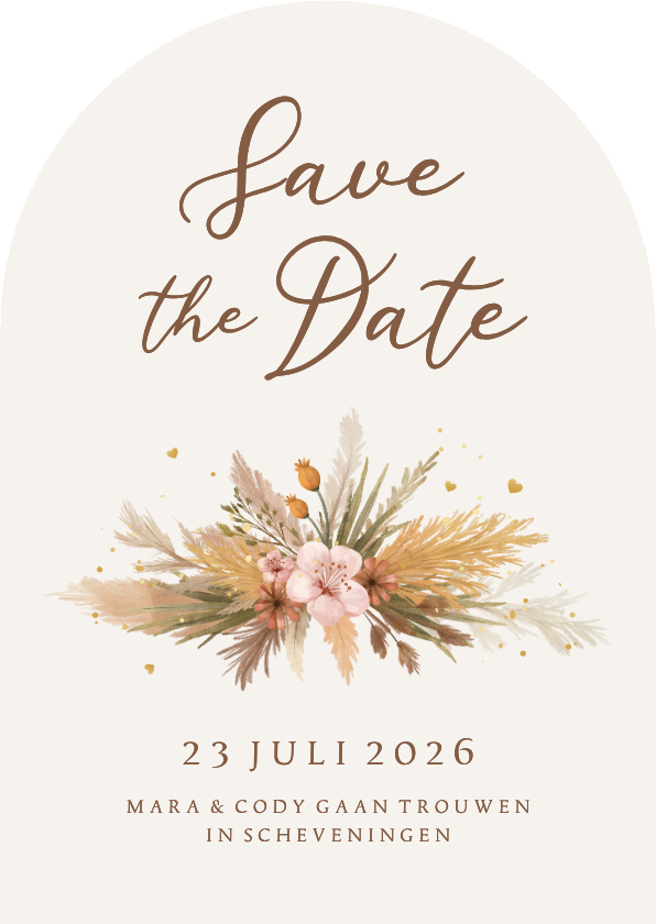 Trouwkaarten - Save the Date boogkaart bohemian bloemen gras romantisch