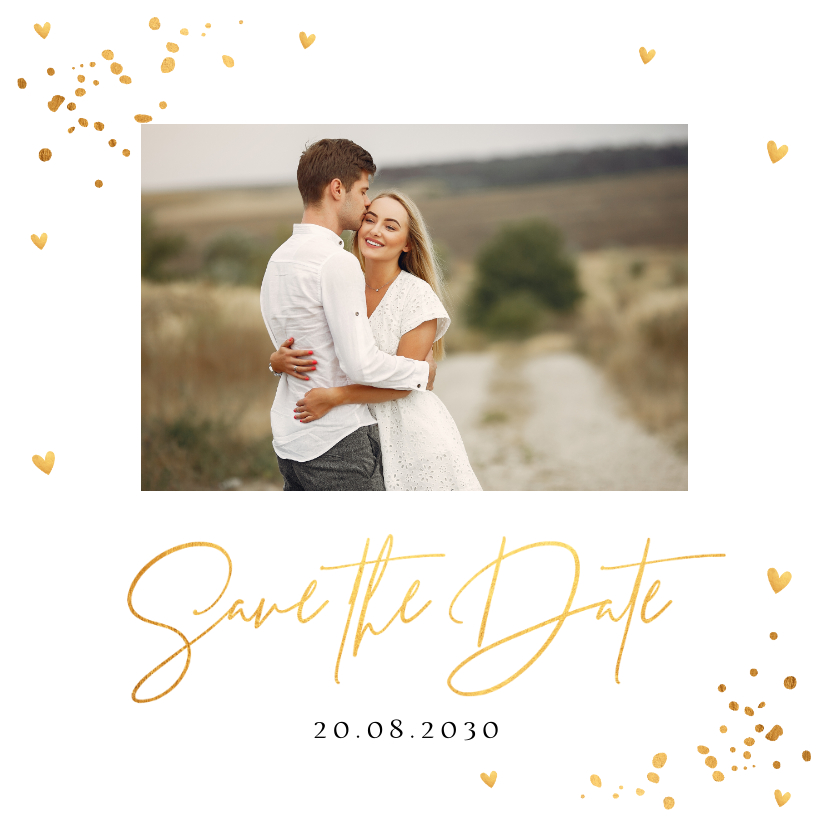 Trouwkaarten - Save the Date eigen foto confetti goudlook