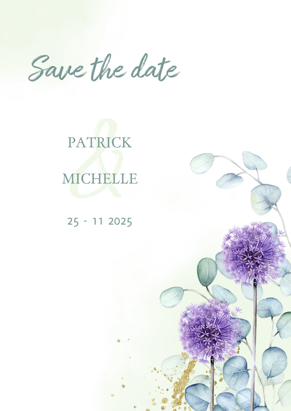 Save the date euqalyptus paarse bloem - Trouwkaarten Trouwkaarten - Save the date euqalyptus paarse bloem