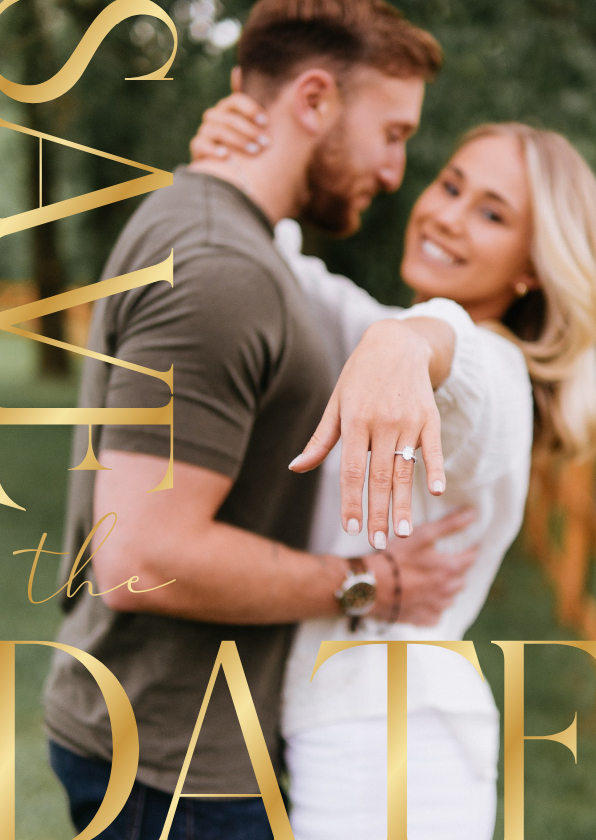 Trouwkaarten - Save the date fotokaart goud stijlvol hartjes trouwen
