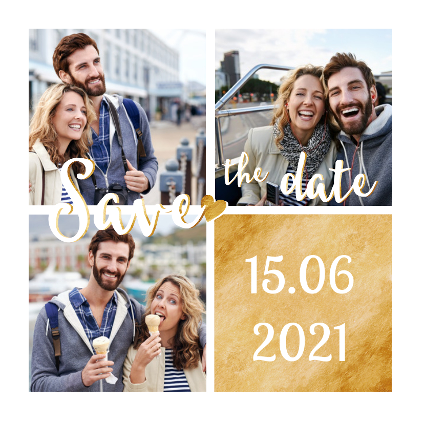 Save the date goud fotocollage - Trouwkaarten Trouwkaarten - Save the date goud fotocollage