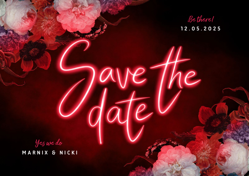Save the date hip neon bloemen - Trouwkaarten Trouwkaarten - Save the date hip neon bloemen