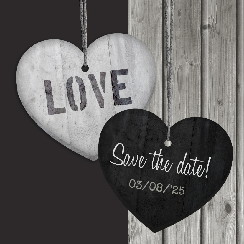 Trouwkaarten - Save the date Hout Hart hangers