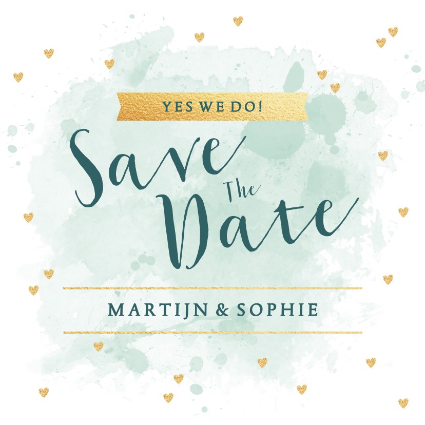 Save the Date kaart aquarel tekst hartjes - Trouwkaarten Trouwkaarten - Save the Date kaart aquarel tekst hartjes