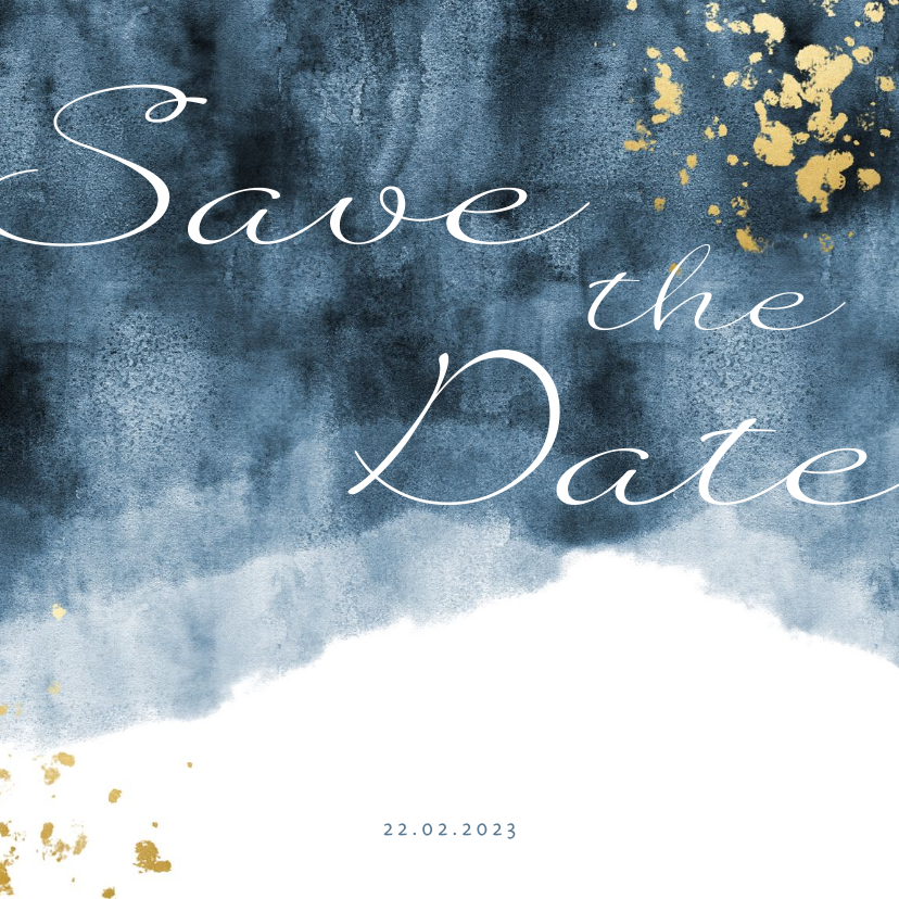 Save the date kaart blauwe waterverf gouden spetters - Trouwkaarten Trouwkaarten - Save the date kaart blauwe waterverf gouden spetters