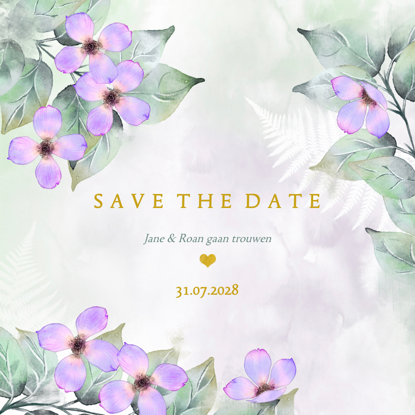 Save the date kaart botanisch lila-roze bloemen - Trouwkaarten Trouwkaarten - Save the date kaart botanisch lila-roze bloemen