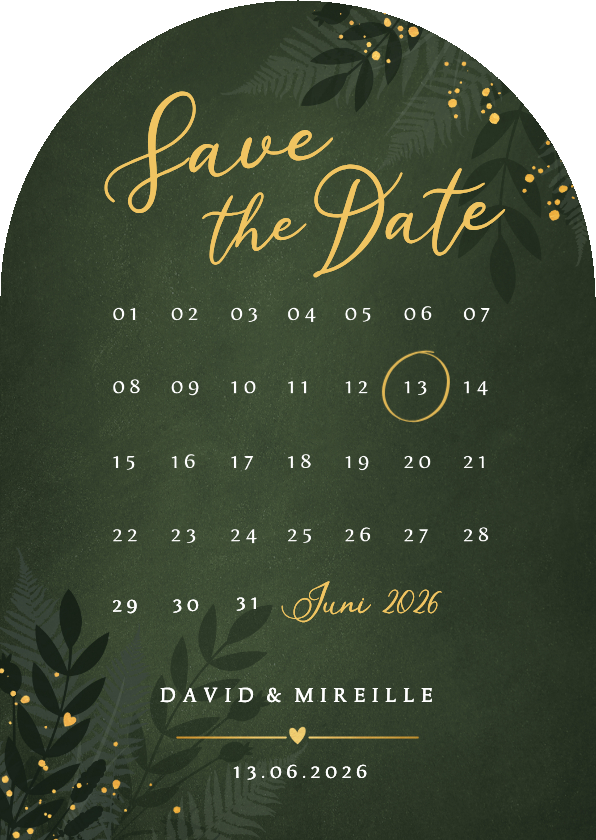 Trouwkaarten - Save the Date kaart botanische jungle boogvorm met kalender