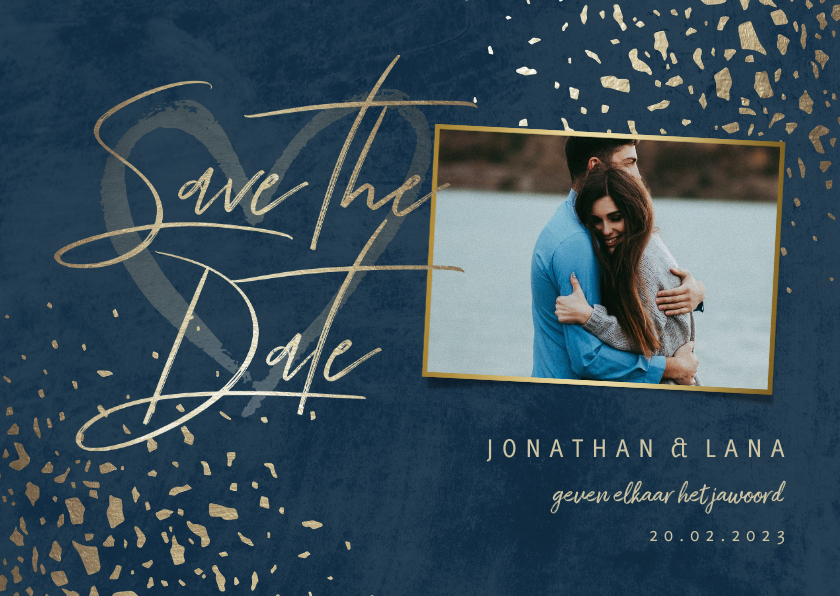 Save the date kaart foto donkerblauw met terrazzo patroon - Trouwkaarten Trouwkaarten - Save the date kaart foto donkerblauw met terrazzo patroon
