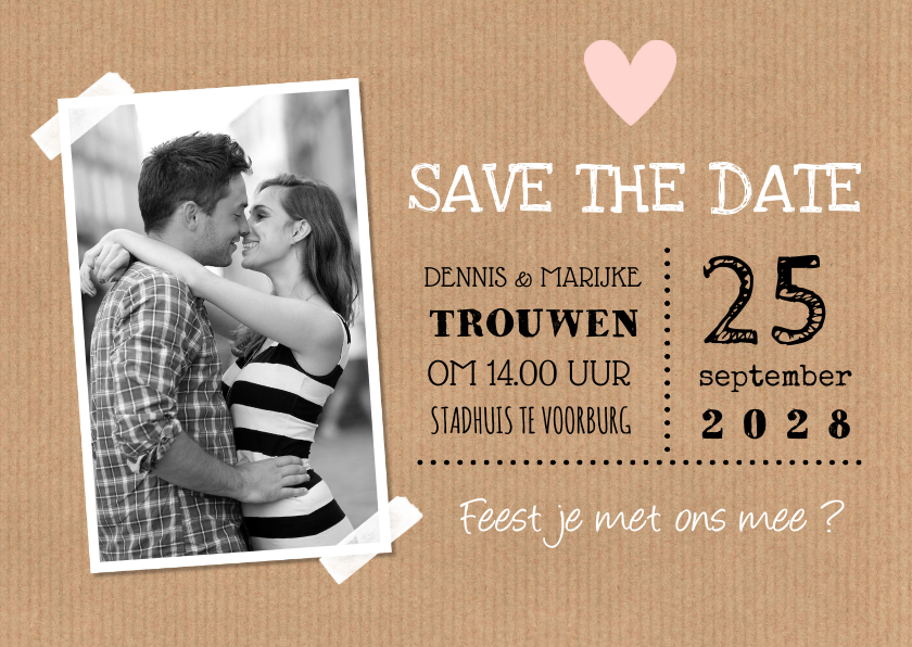 Trouwkaarten - Save the Date kaart foto kraft hartje