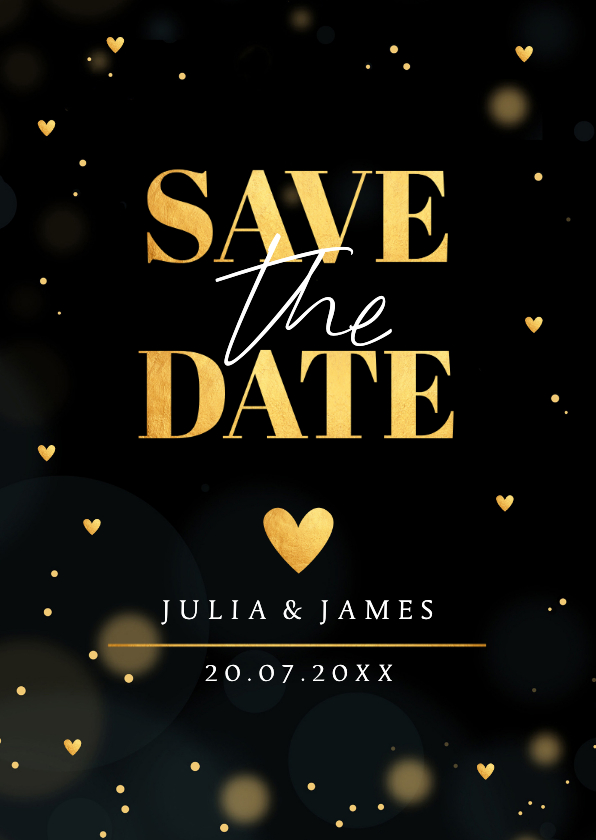 Save the Date kaart goudlook zwart hartjes typografie - Trouwkaarten Trouwkaarten - Save the Date kaart goudlook zwart hartjes typografie