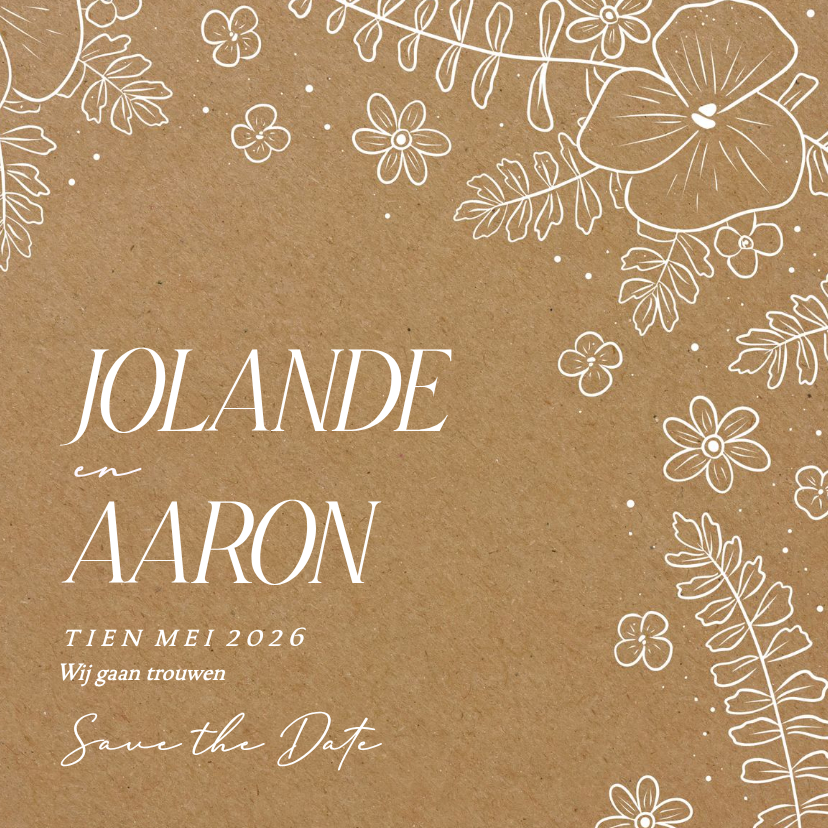 Save the date kaart in kraftlook met witte bloemen - Trouwkaarten Trouwkaarten - Save the date kaart in kraftlook met witte bloemen