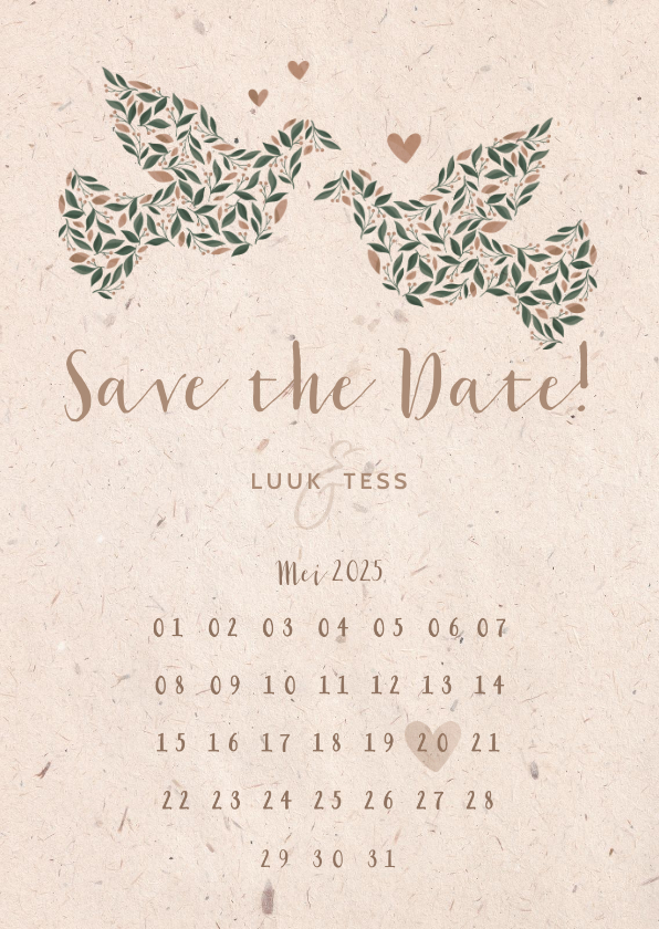 Trouwkaarten - Save the Date kaart kraftlook met duiven van bloemen