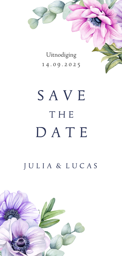 Save the date kaart met anemoontjes eucalyptus - Trouwkaarten Trouwkaarten - Save the date kaart met anemoontjes eucalyptus