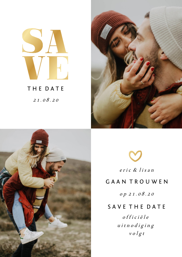 Trouwkaarten - Save the date kaart met foto's en gouden accenten