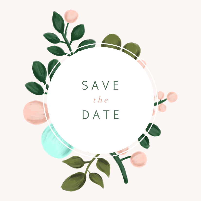 Save the date kaart met geschilderde takken en kader - Trouwkaarten Trouwkaarten - Save the date kaart met geschilderde takken en kader