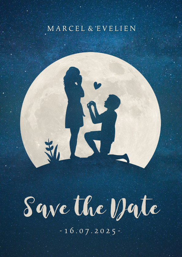 Save the Date kaart met silhouet van aanzoek in volle maan - Trouwkaarten Trouwkaarten - Save the Date kaart met silhouet van aanzoek in volle maan