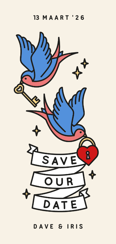 Trouwkaarten - Save the date kaart met tattoo style illustratie