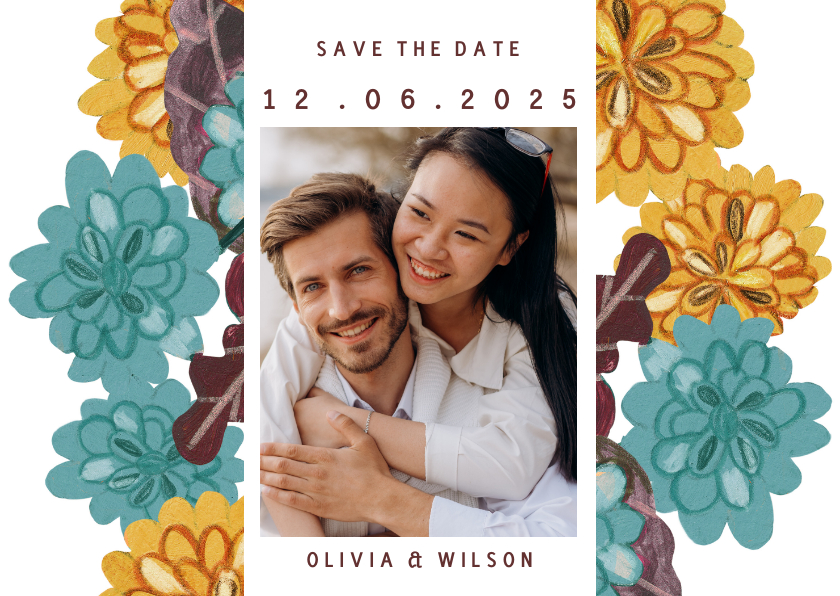Save the Date kaart mosterd geel en blauwe bloemen - Trouwkaarten Trouwkaarten - Save the Date kaart mosterd geel en blauwe bloemen