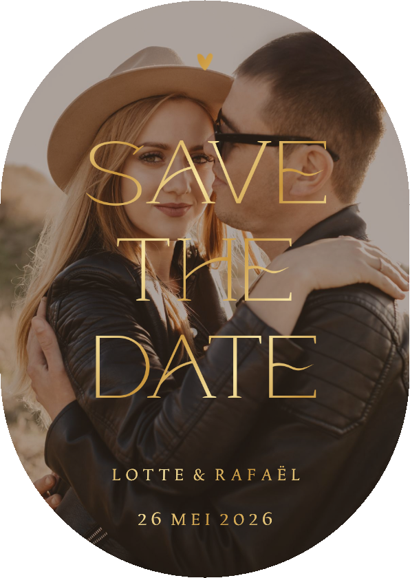 Save the date kaart ovaal met grote foto en goudfolie - Trouwkaarten Trouwkaarten - Save the date kaart ovaal met grote foto en goudfolie