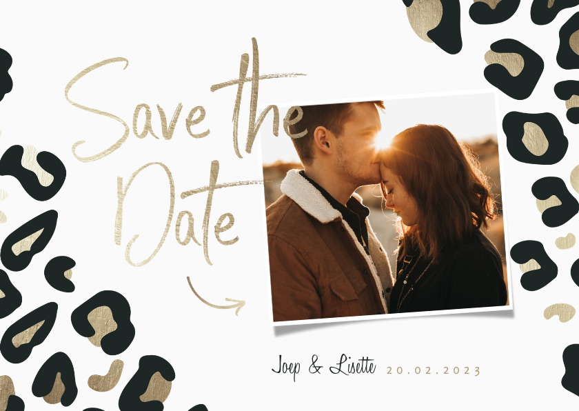 Save the Date kaart panterprint goudlook met foto - Trouwkaarten Trouwkaarten - Save the Date kaart panterprint goudlook met foto