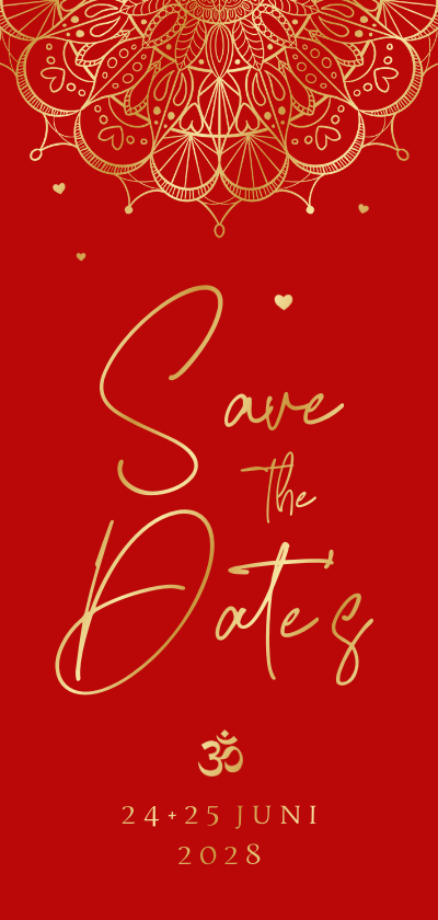 Save the date kaart rood mandala hartjes Hindoestaans goud - Trouwkaarten Trouwkaarten - Save the date kaart rood mandala hartjes Hindoestaans goud