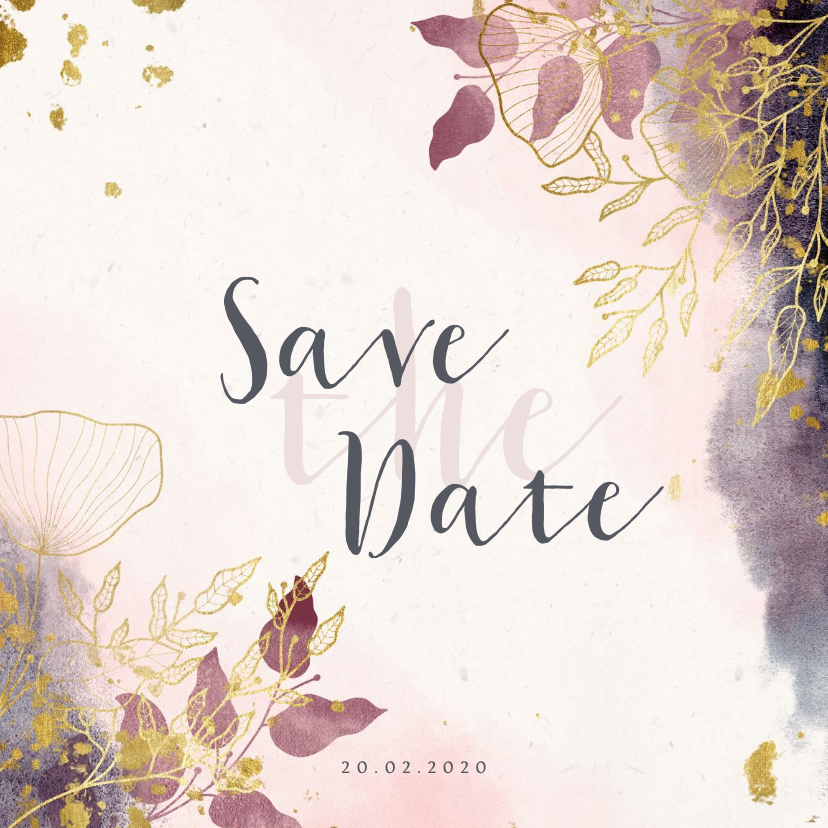 Trouwkaarten - Save the Date kaart stijlvol met waterverf en gouden bloemen