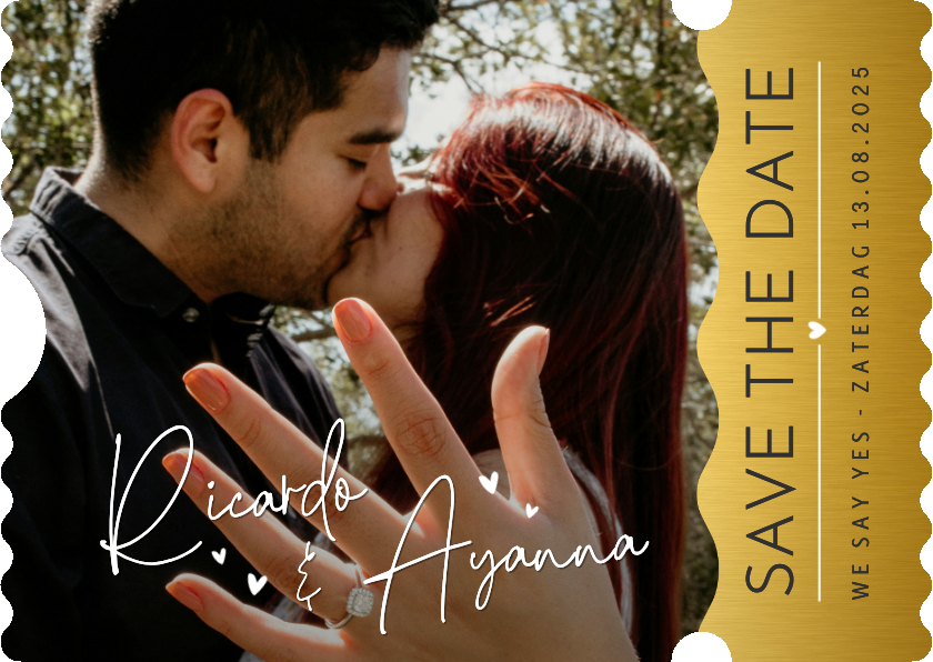 Save the Date kaart ticket met grote foto en namen - Trouwkaarten Trouwkaarten - Save the Date kaart ticket met grote foto en namen