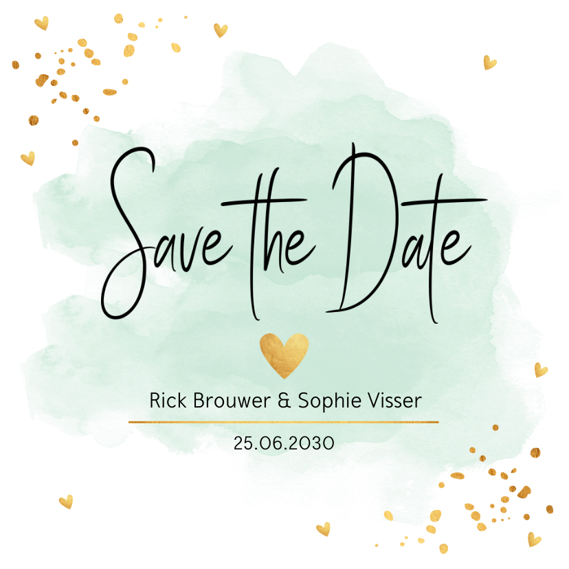Save the Date kaart waterverf mintgroen goudlook confetti - Trouwkaarten Trouwkaarten - Save the Date kaart waterverf mintgroen goudlook confetti