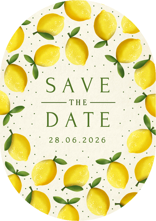 Save the Date kaart zomers in ovaal vorm met citroenen - Trouwkaarten Trouwkaarten - Save the Date kaart zomers in ovaal vorm met citroenen