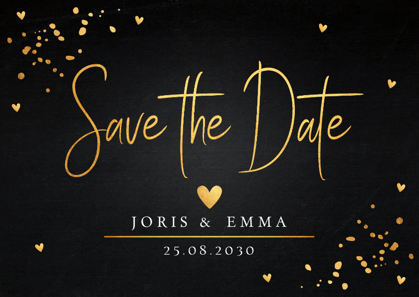 Trouwkaarten - Save the Date kaart zwart confetti goudlook