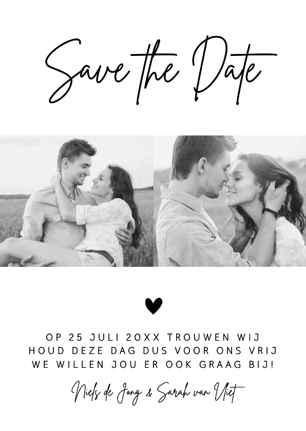Trouwkaarten - Save the Date kaart zwart-wit foto hartje