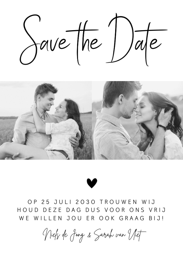 Save the Date kaart zwart-wit foto hartje - Trouwkaarten Trouwkaarten - Save the Date kaart zwart-wit foto hartje