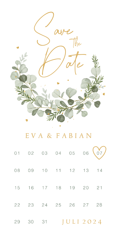 Trouwkaarten - Save the date kalender eucalyptus stijlvol hartjes klassiek