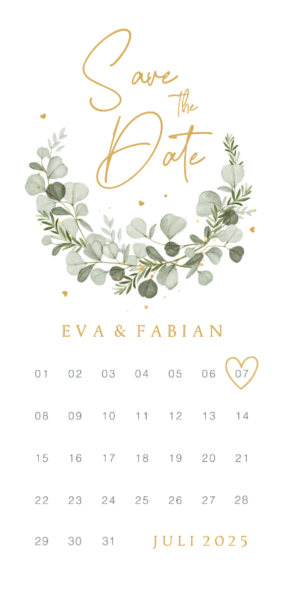 Trouwkaarten - Save the date kalender eucalyptus stijlvol hartjes klassiek