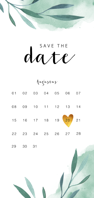 Trouwkaarten - Save the date kalender kaart met waterverf en blaadjes 