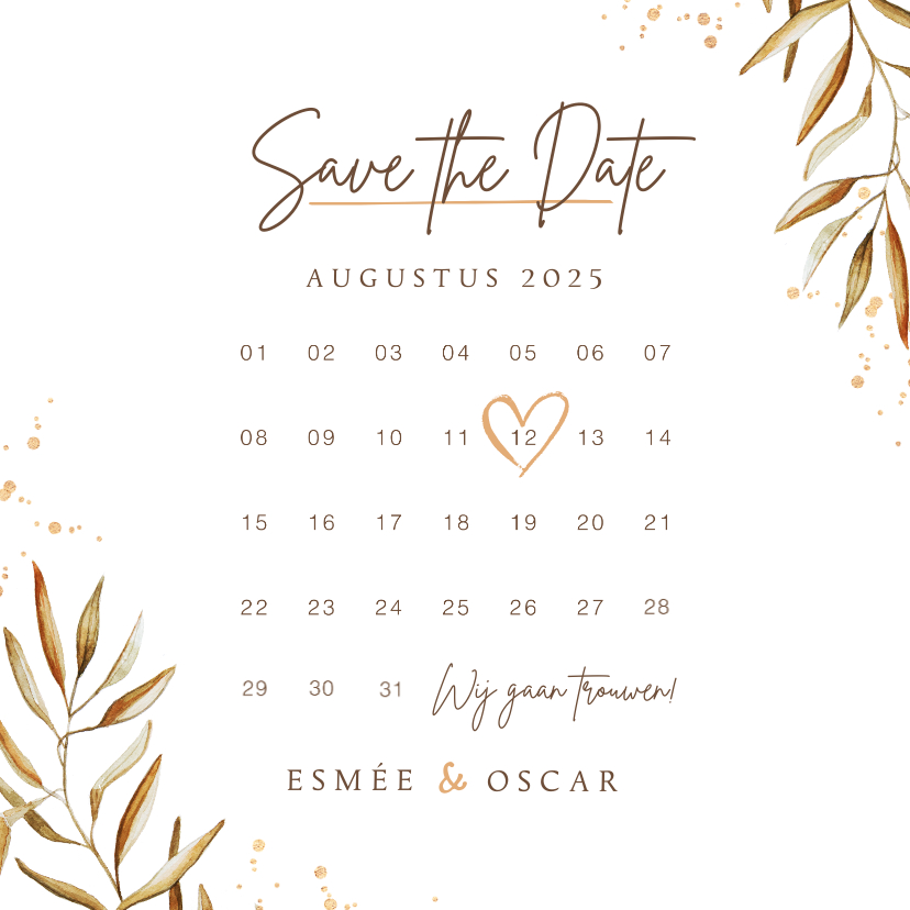 Trouwkaarten - Save the date kalender uitnodigingskaart goud takje
