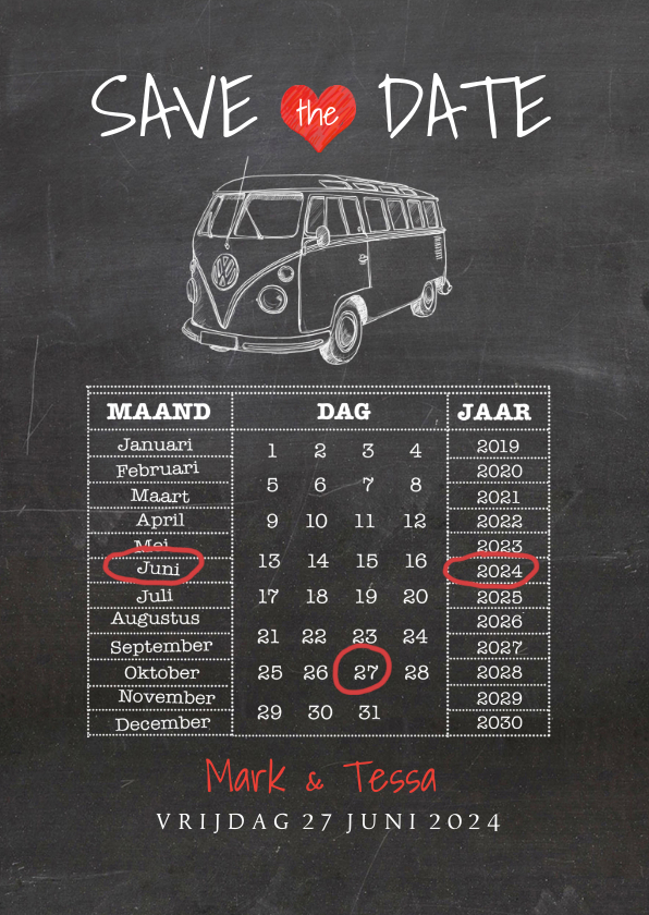 Save the Date krijtbord vw busje - Trouwkaarten Trouwkaarten - Save the Date krijtbord vw busje
