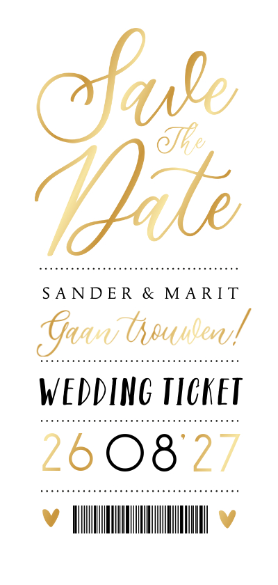 Trouwkaarten - Save the date langwerpige ticket trouwkaart goud elementen
