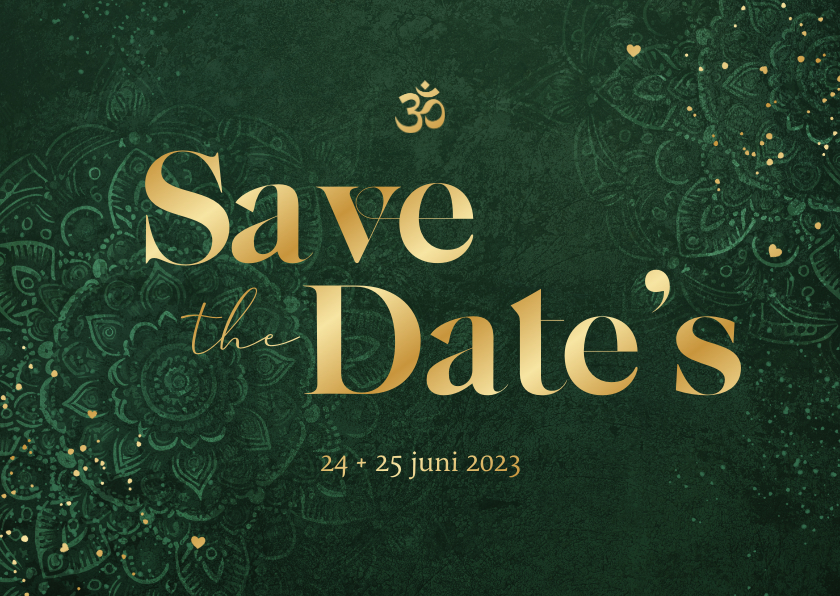 Trouwkaarten - Save the date mandala patroon goud hartjes hindoestaans