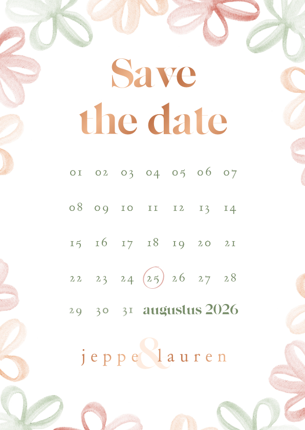 Trouwkaarten - Save the date met waterverf bloemetjes en kalender