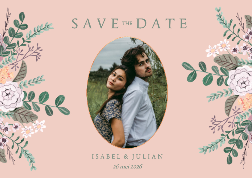 Trouwkaarten - Save the Date minimalistisch klassiek bloemen